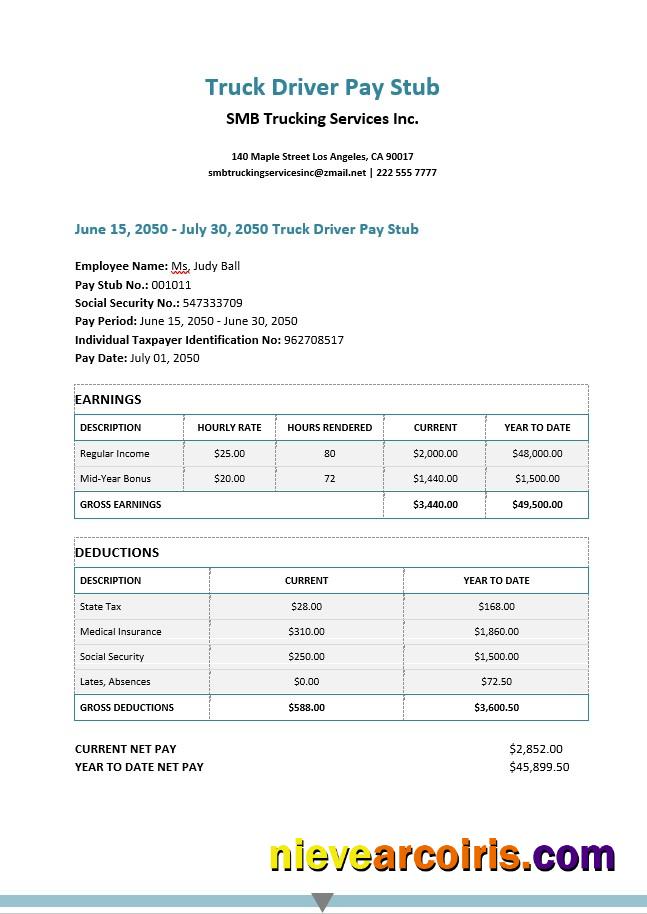 SMB Trucking Services Inc. Pay Stub In PDf And Word Formats Photolook