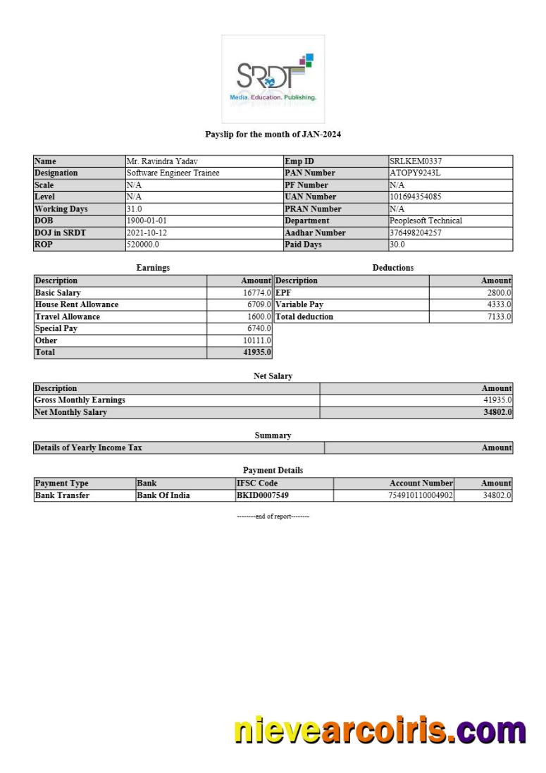 Editable SRDT Media, Education, Publishing Payslip Template In Word And PDF Formats.pdf, 1