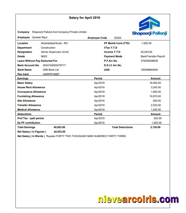 Shapoorji Pallonji Employee Pay Stub In PDF And Word Formats Preview