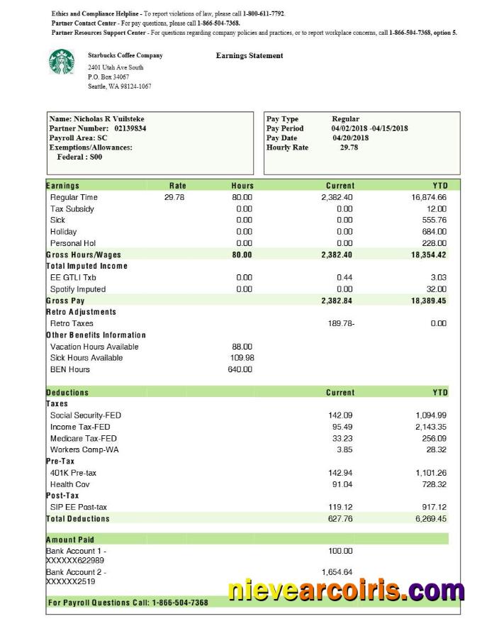 Editable Starbucks Coffee Company Earnings Statement Template In Word And PDF Formats.pdf, 1