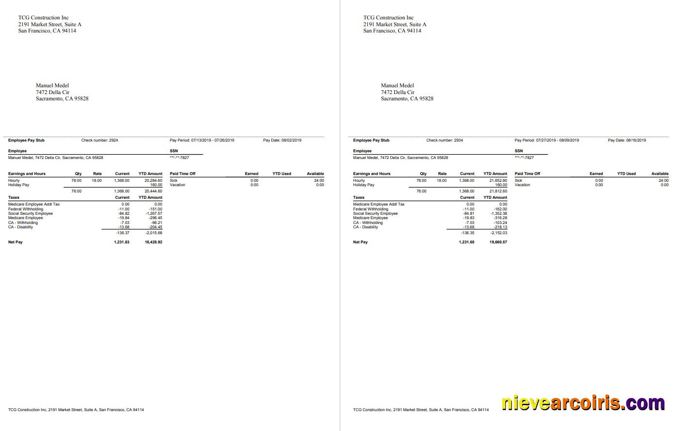 TCG Construction Inc. Employee Paystub Template
