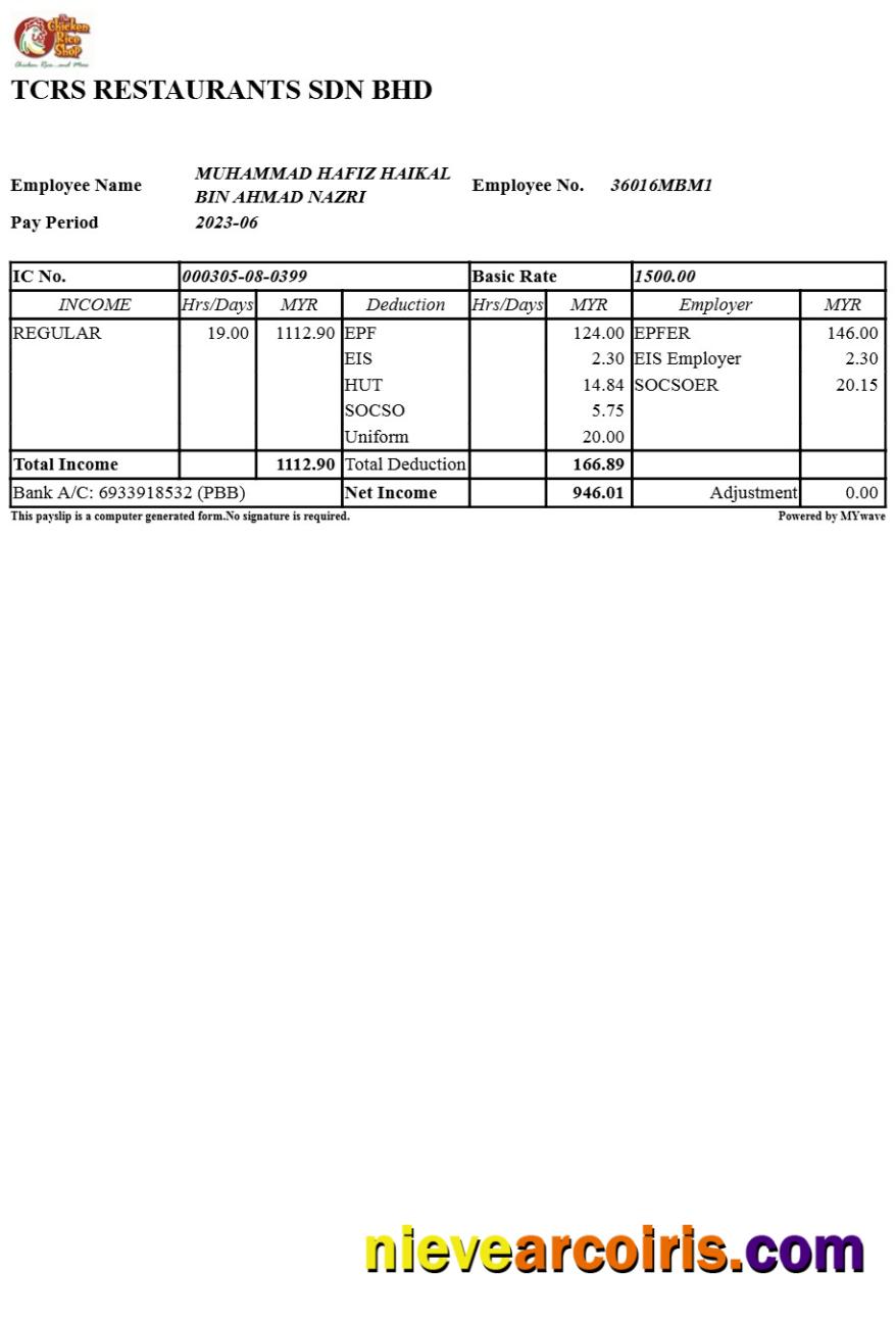 Professional TCRS Restaurants Payslip Template In Word And PDF Formats.pdf, 1