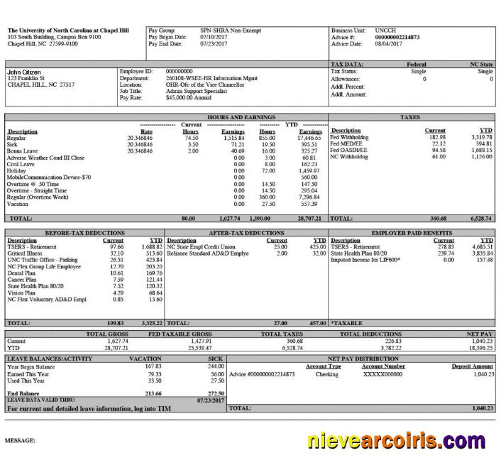 THE UNIVERSITY Of North Carolina At Chapel Hill Paystub In Word And PDF Formats Template