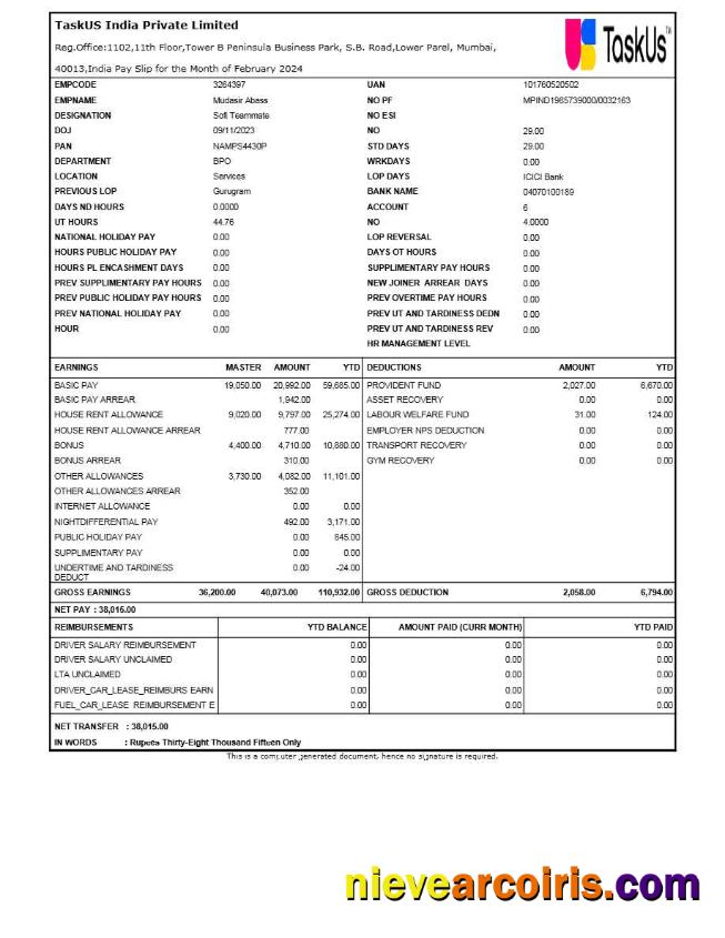Editable TaskUS India Payslip Template In Word And PDF Formats.pdf, 1
