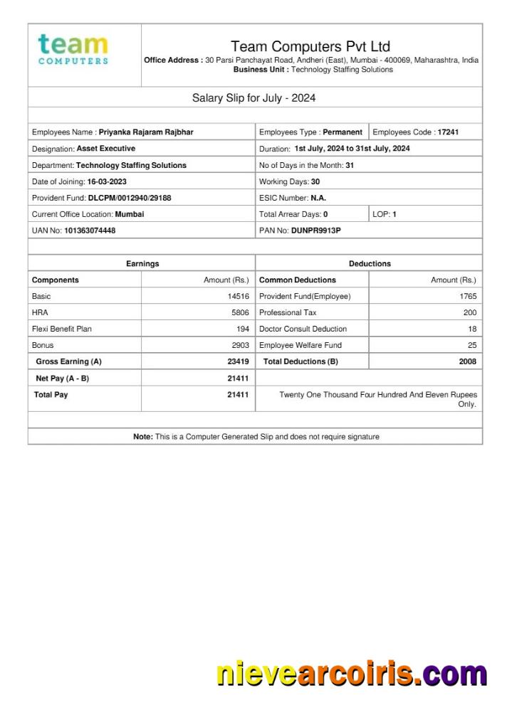 Realistic Team Computers Salary Slip Template In Word And PDF Formats.pdf, 1