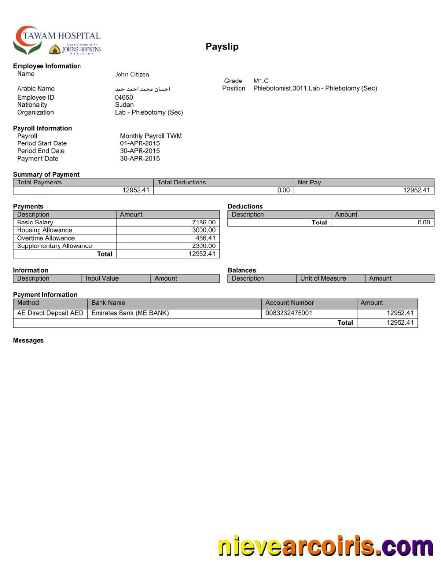 Editable UAE TAWAM Hospital Payslip Template In Word And PDF Formats