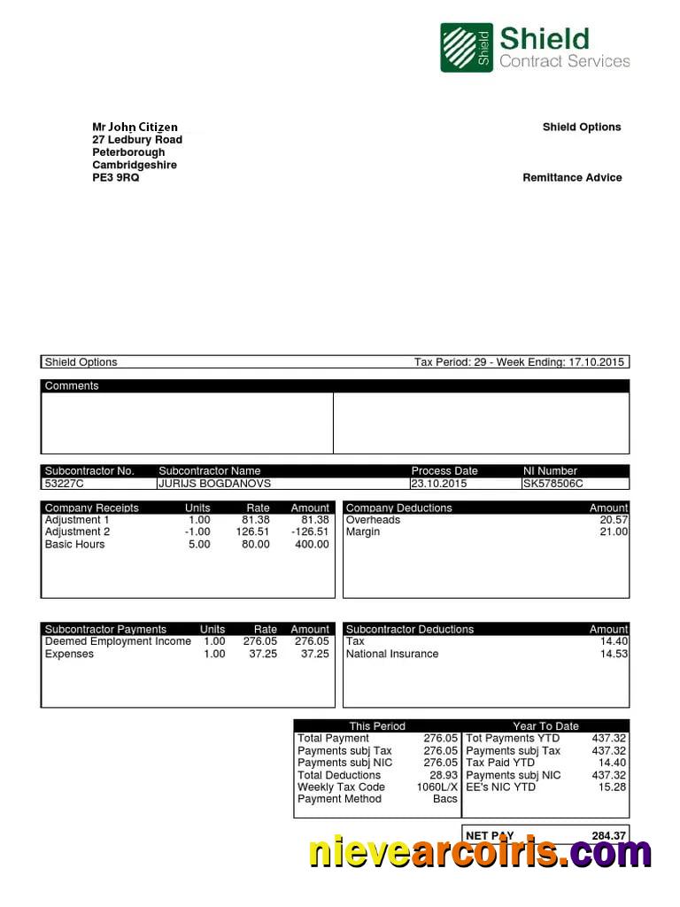 UNITED KINGDOM SHIELD Contract Services Payslip In Word And PDF Formats Sample