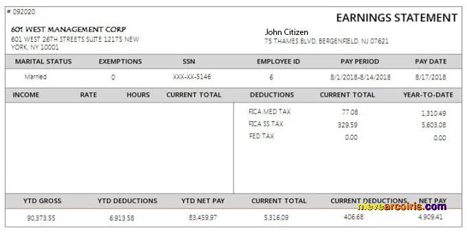 Professional USA 601 WEST Management Corporation Payslip Template In Word And PDF Formats
