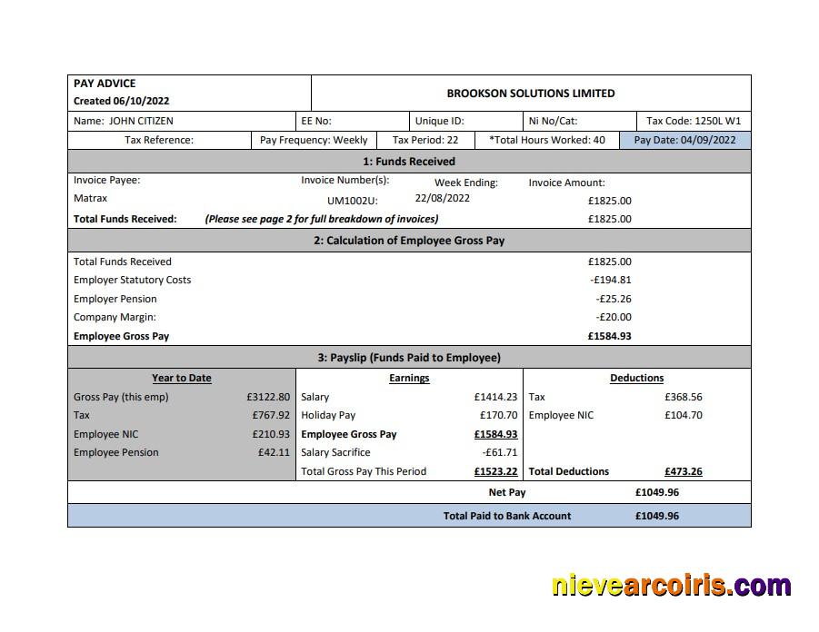 USA Brookson Solutions Limited Payslip Sample