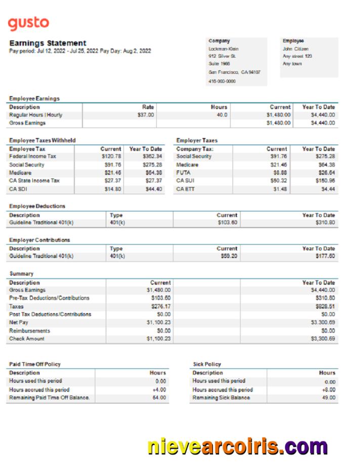 USA California Business Providing Company Earnings Statement Template