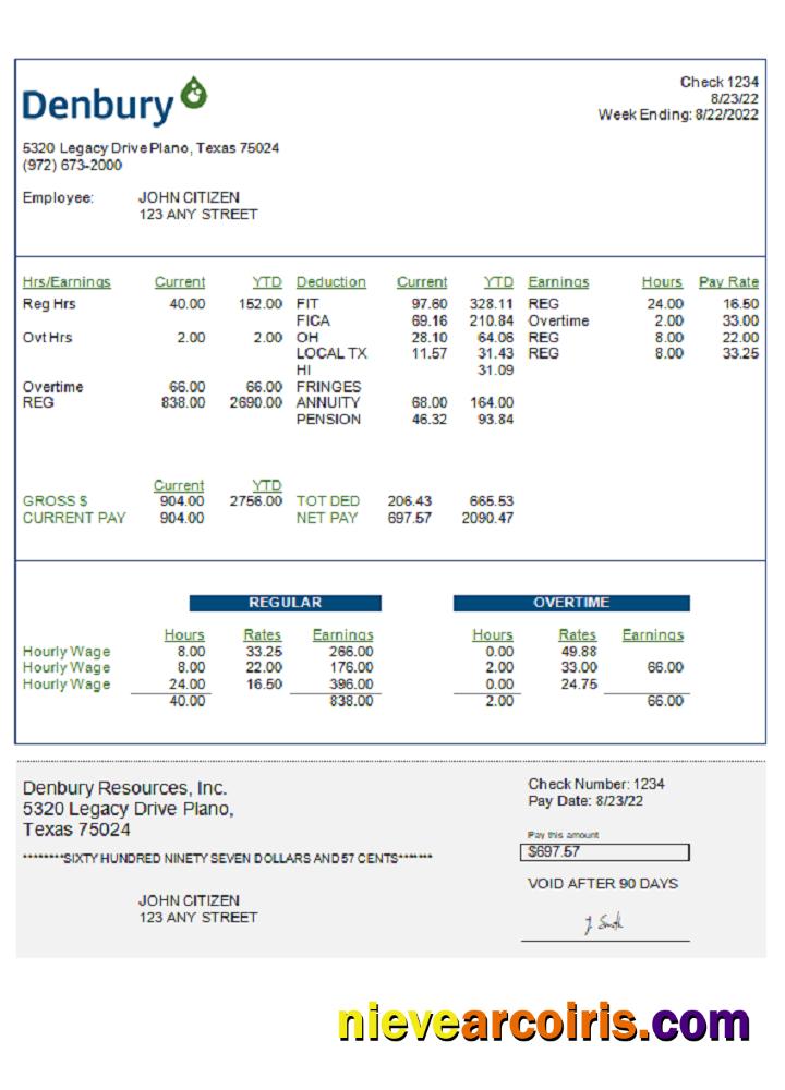 USA Denbury Resources Inc. Oil & Gas Company Pay Stub Template