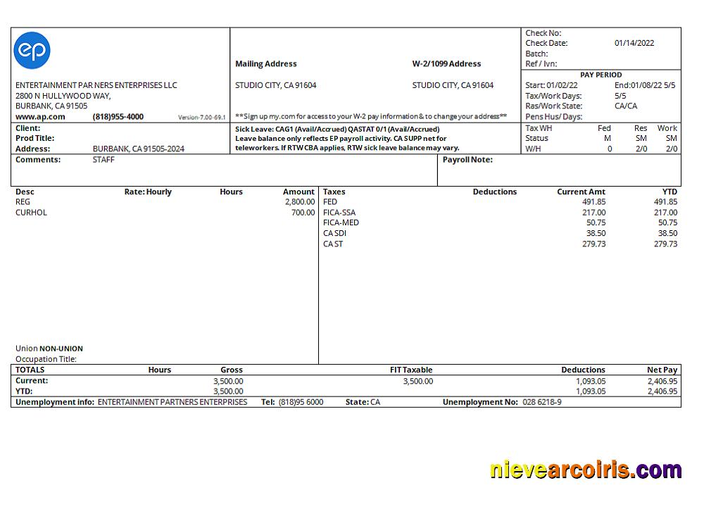 USA Entertainment Partners Enterprises Financial Company Pay Stub Photolook