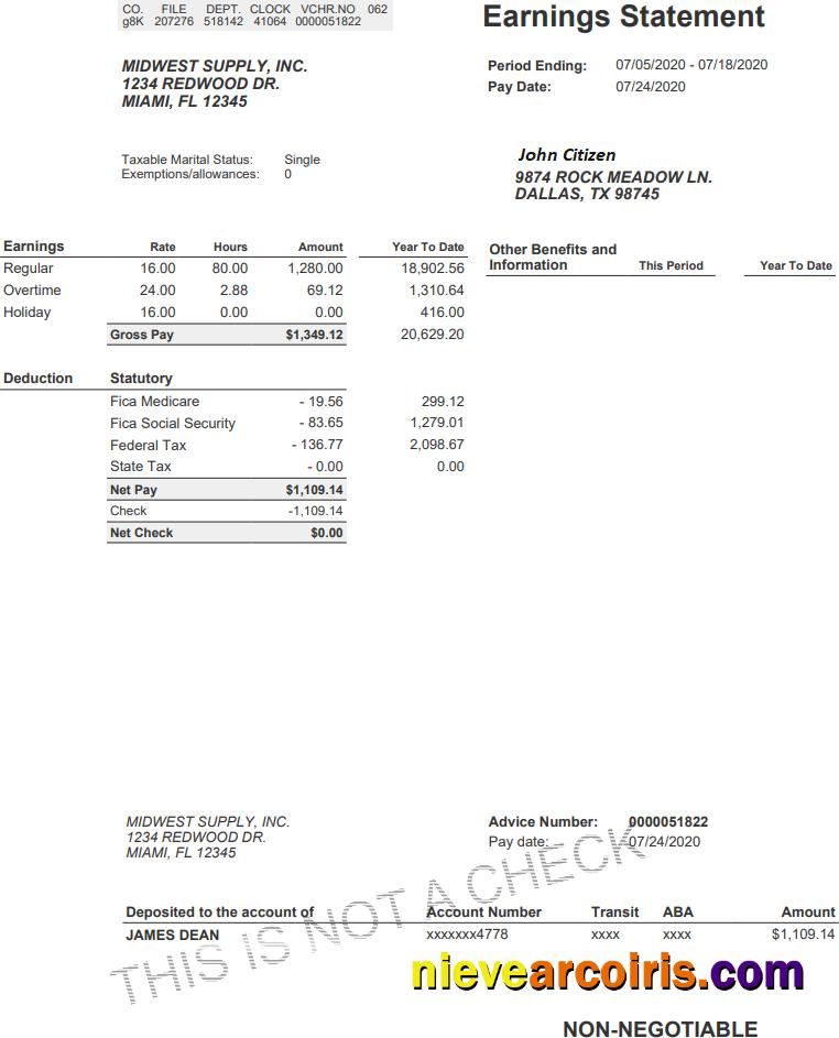 USA MIDWEST Supply Inc Earning Statement In Word And Pdf Formats Template