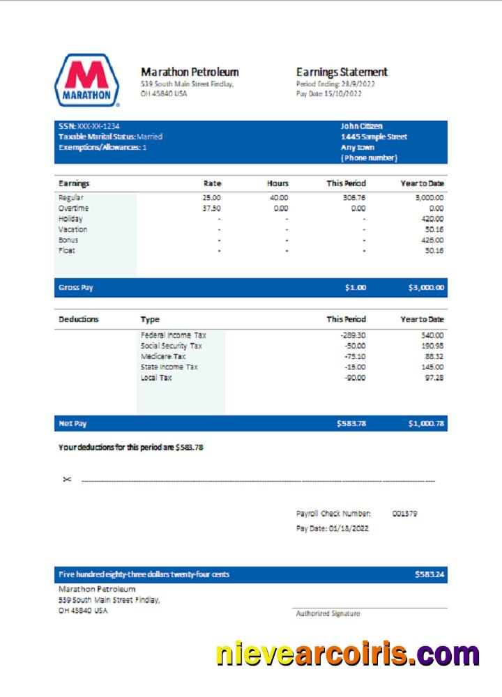 USA Marathon Petroleum Company Pay Stub Photolook