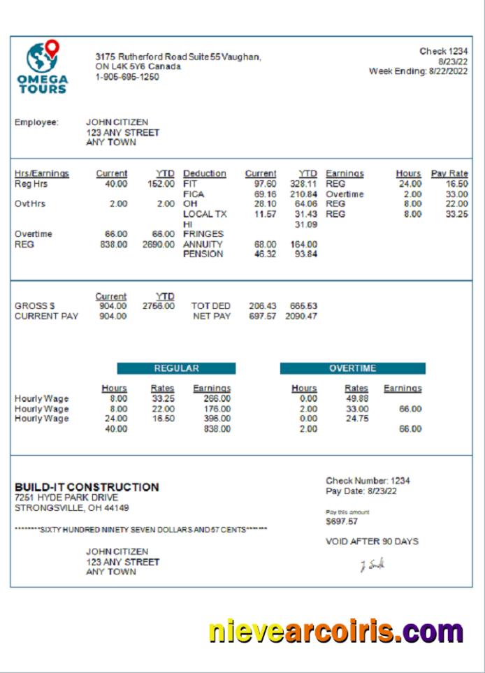 USA Omega Tours Tourism Company Pay Stub Photolook