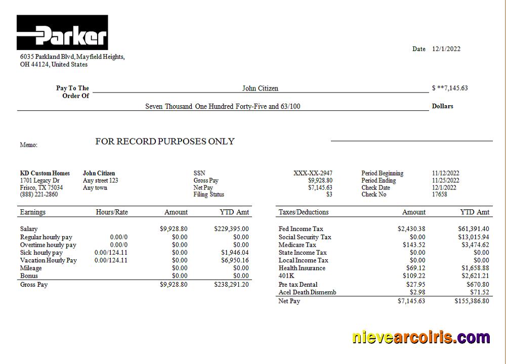 USA Parker Hannifin Engineering Company Pay Stub Template