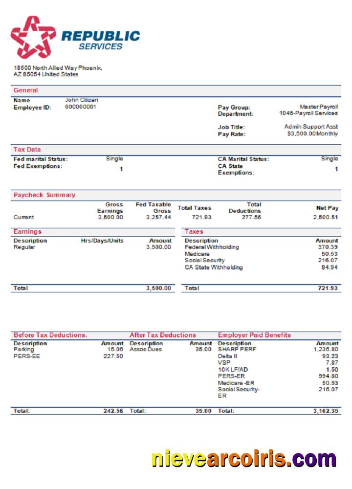 USA Republic Services Waste Management Company Pay Stub Preview