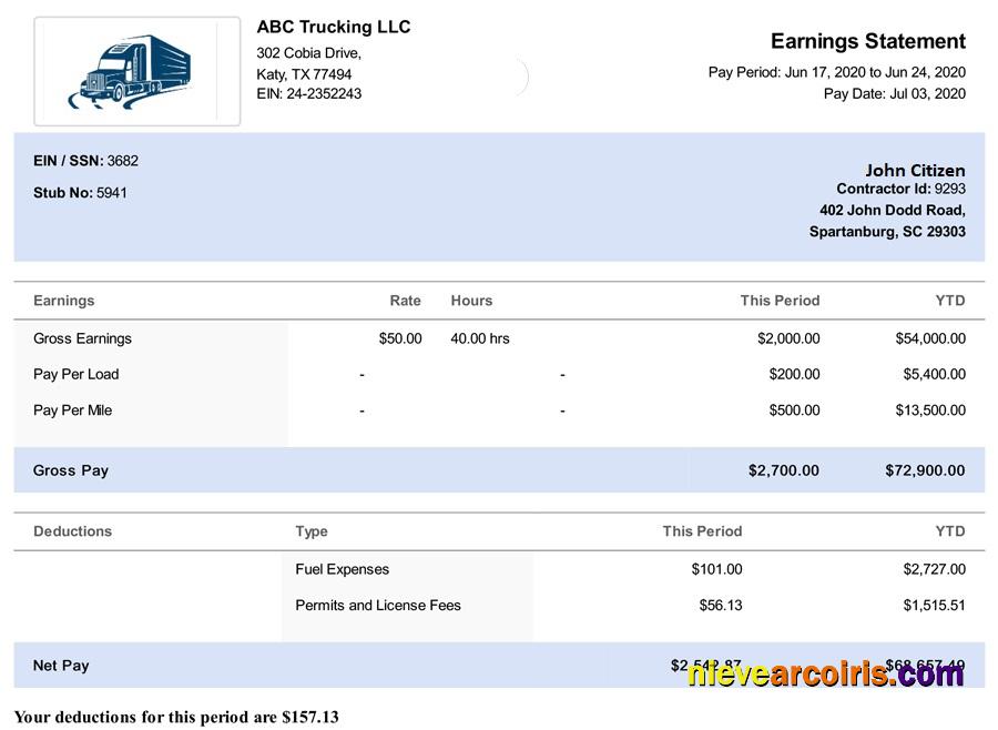 USA South Carolina TRUCKING LLC Paystub In Word And PDF Formats Sample