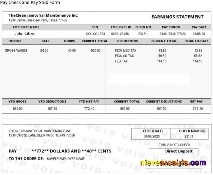 USA THE CLEAN Janitorial Mainenance Inc Pay Stub In Word And PDF Formats Template