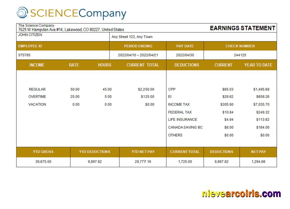 USA The Science Company Science Company Pay Sample