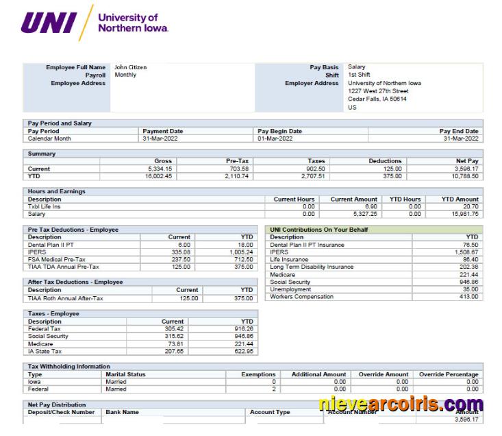 USA UNIVERSITY Of Norther Iowa Paystub In Excel And PDF Formats Sample