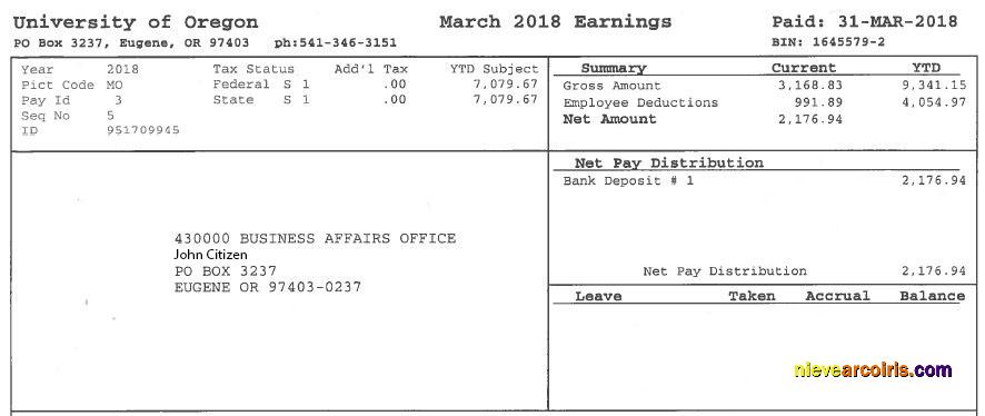 Realistic USA UNIVERSITY Of Oregon Payslip Template In Word And PDF Formats