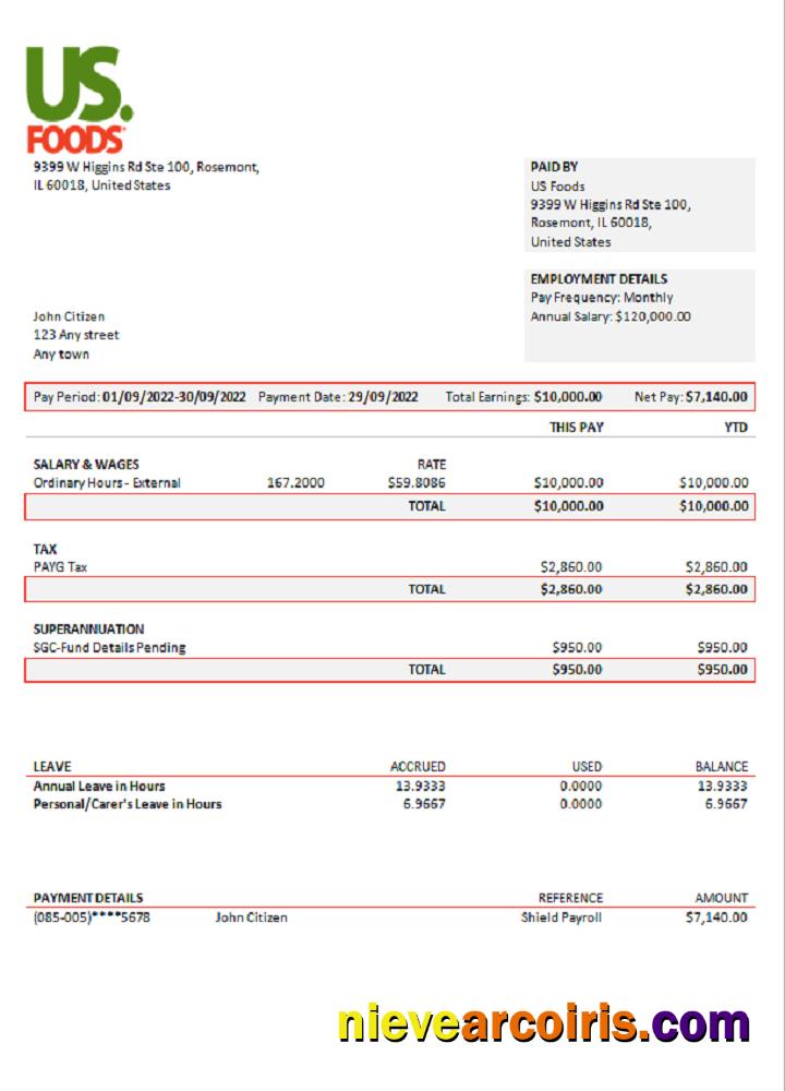 USA US Foods Food Distribution Company Pay Stub Photolook