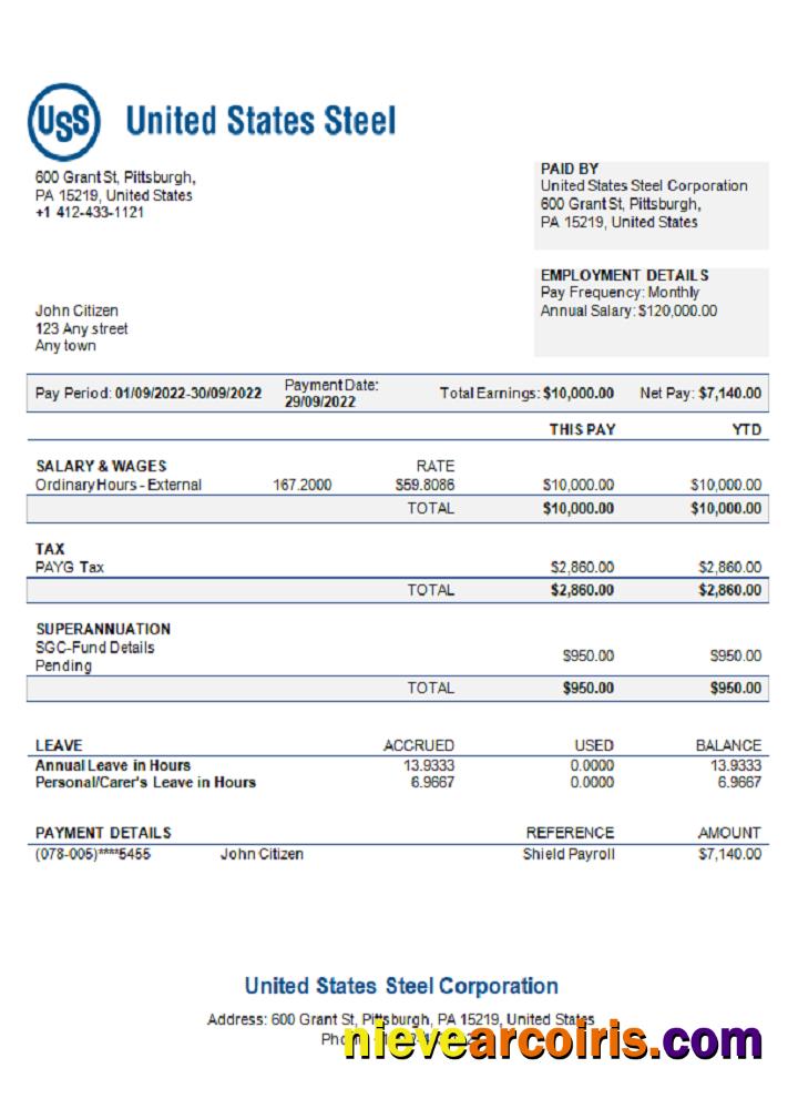 USA United States Steel Corporation Steel Production Company Pay Stub Template