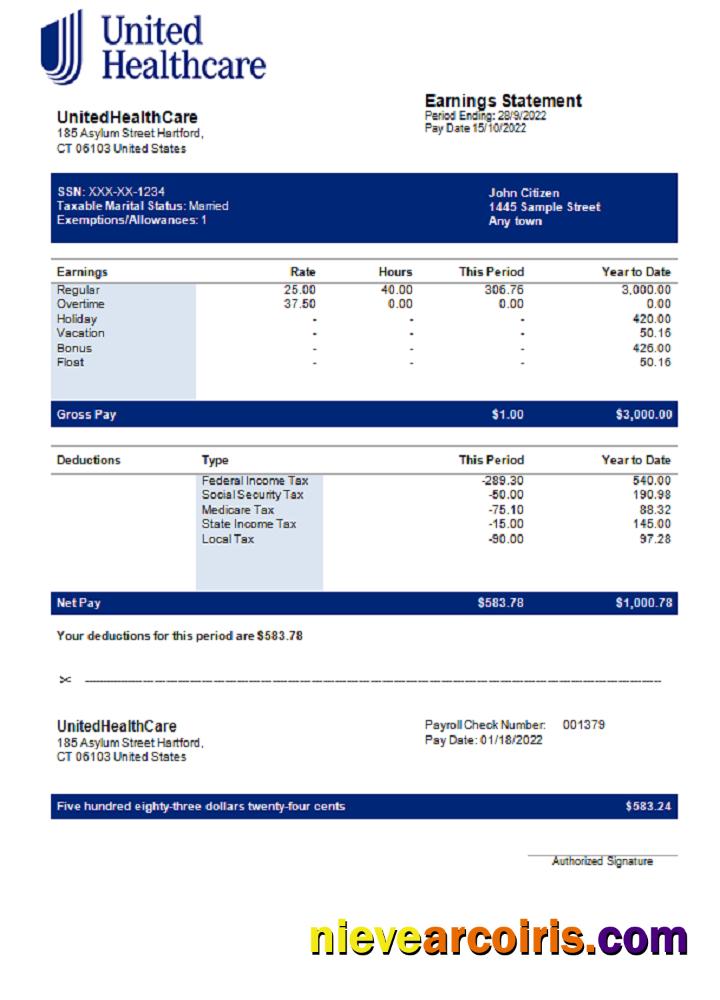 USA UnitedHealthCare Managed Care Company Pay Stub Photolook