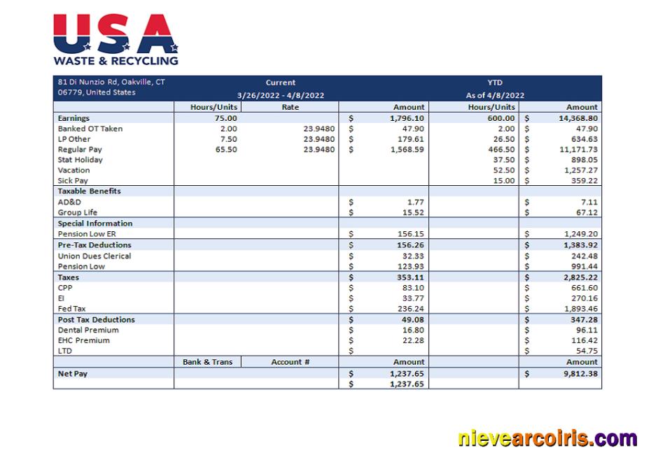 USA Waste & Recycling Recycling Company Pay Stub Preview