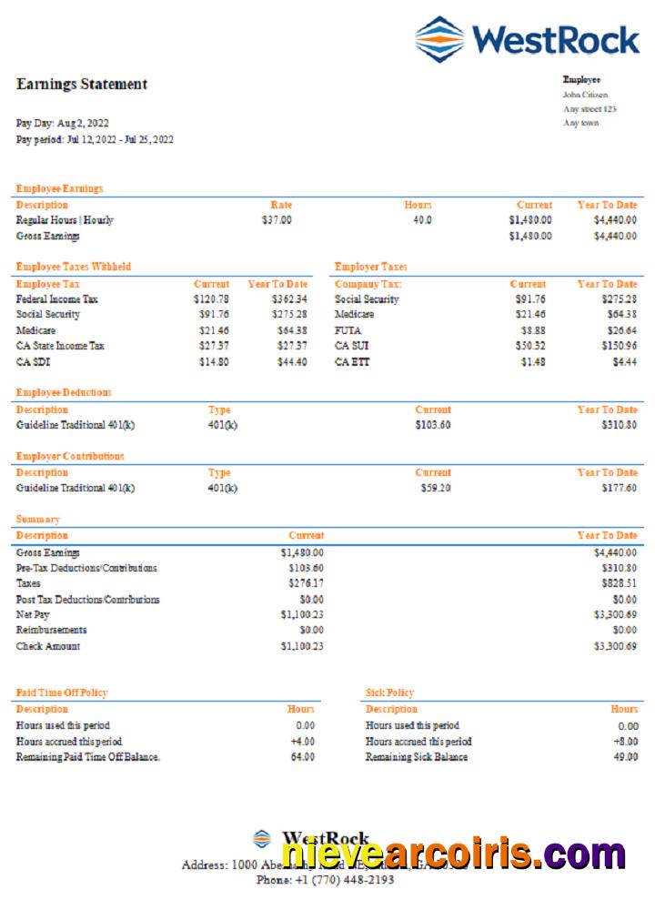 USA WestRock Packaging Company Pay Stub Photolook