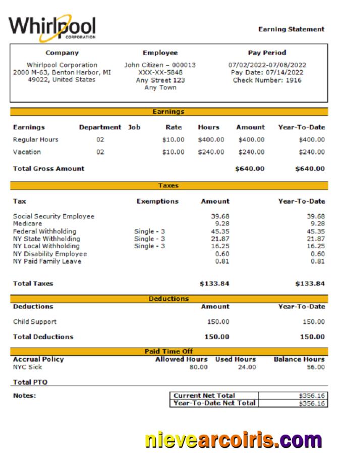 USA Whirlpool Corporation Commercial Company Pay Stub Preview