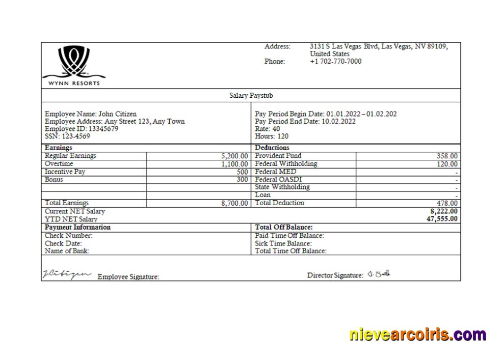 USA Wynn Resorts Hospitality Company Pay Stub Sample