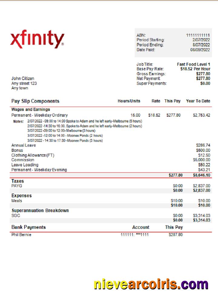 USA Xfinity Broadasting Company Pay Stub Photolook