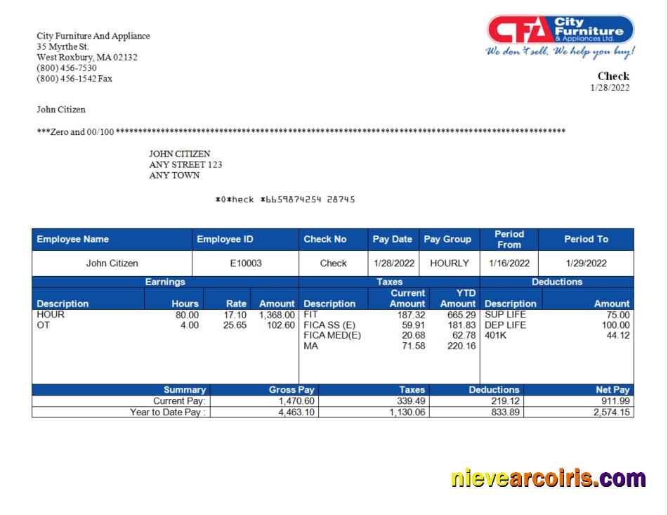 USA Furniture & Appliances Employee Sheet Sample