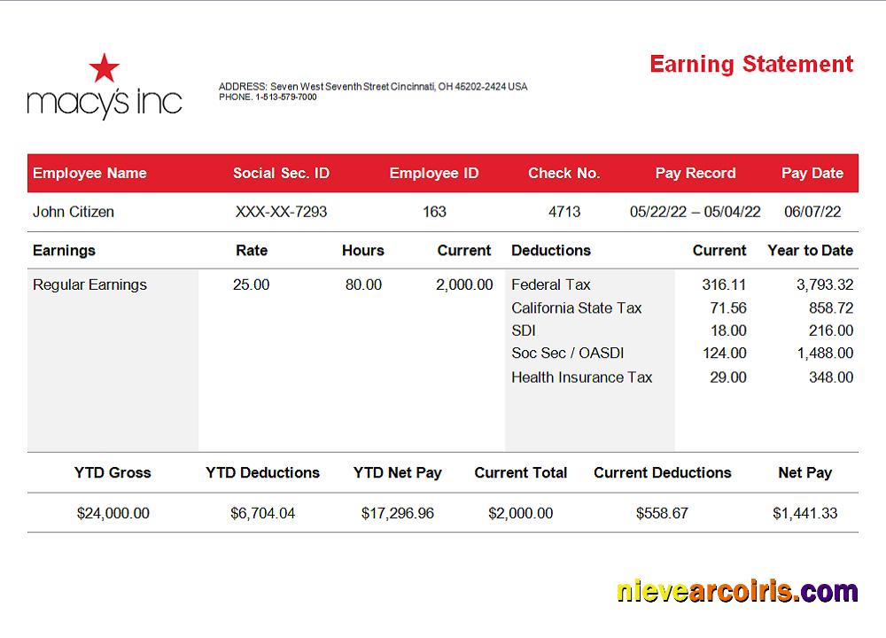 Editable USA Retail Company Earning Statement Template In Word And PDF Format, Version 3