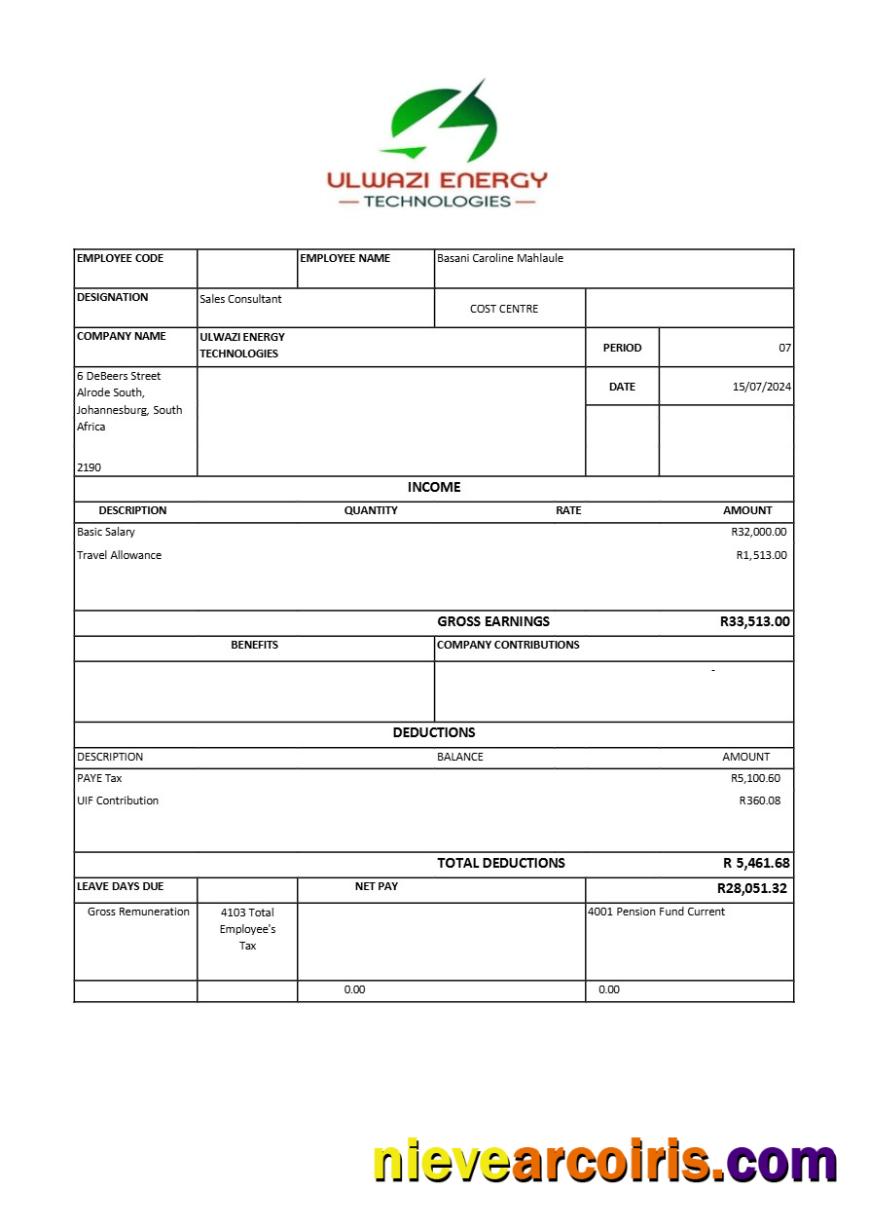 Professional Ulwazi Energy Technologies Payslip Template In Word And PDF Formats.pdf, 1