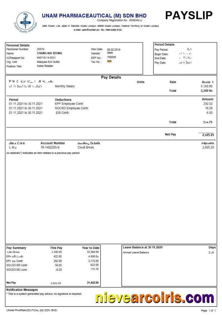 Editable Unam Pharmaceautical (M) Sdn Bhd Payslip Template In Word And PDF Formats.pdf, 1