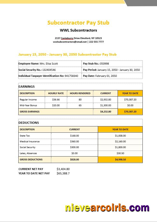 WWL Subcontractors Pay Stub In PDF And Word Formats Template