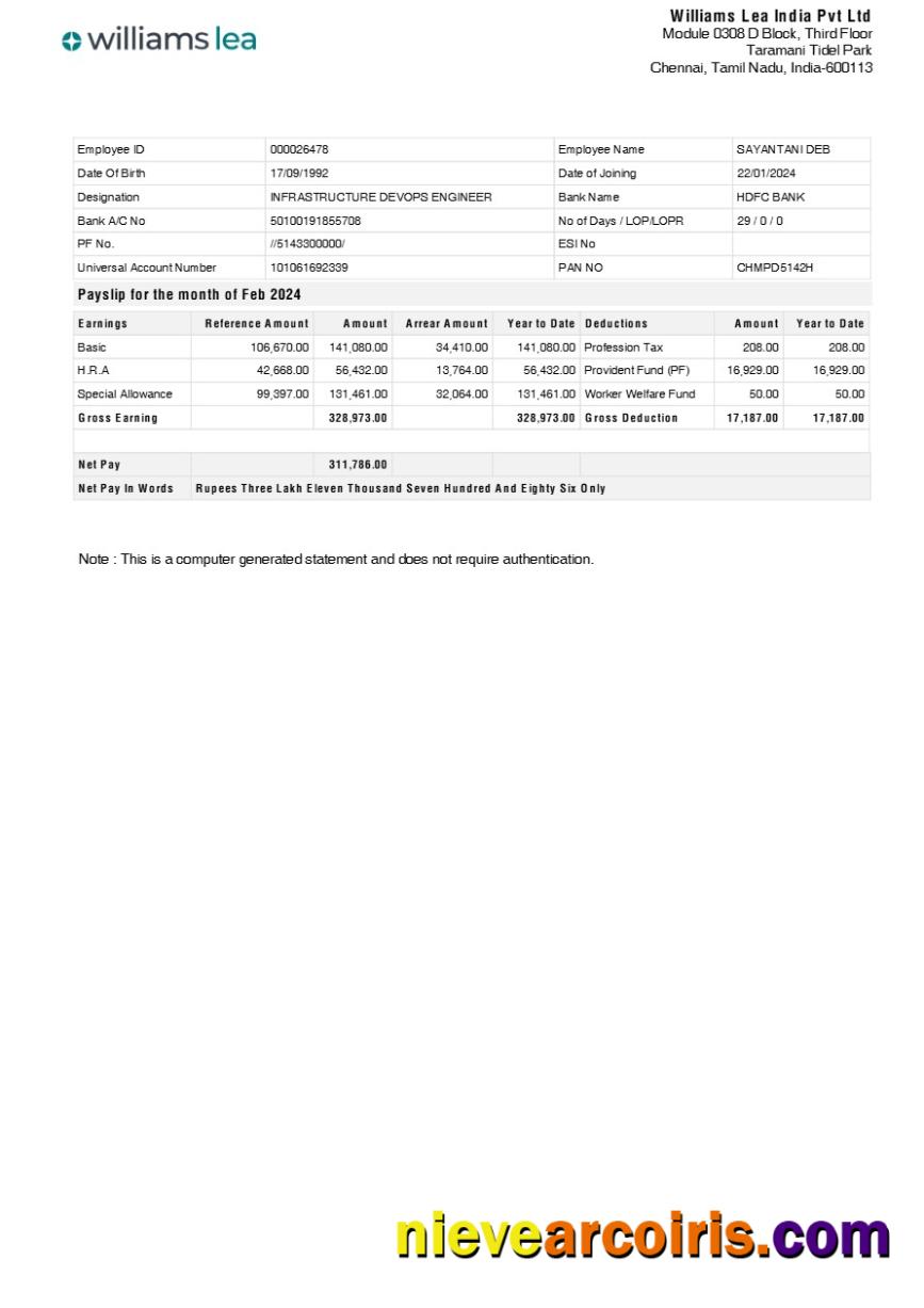 Professional Williams Lea India Corporate Office Payslip Template In Word And PDF Formats.pdf, 1