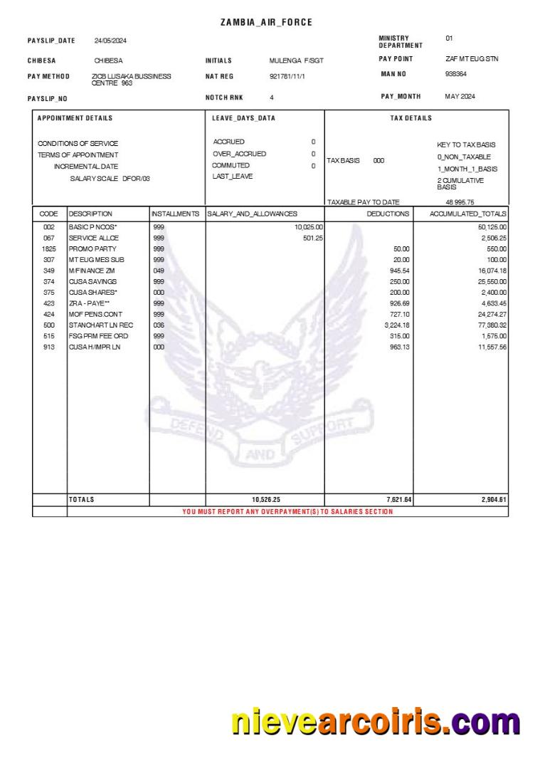 Professional Zambian Air Force Payslip Template In Word And PDF Formats.pdf, 1