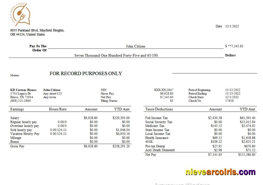 Editable Food Company Earning Statement Template In Word And PDF Formats