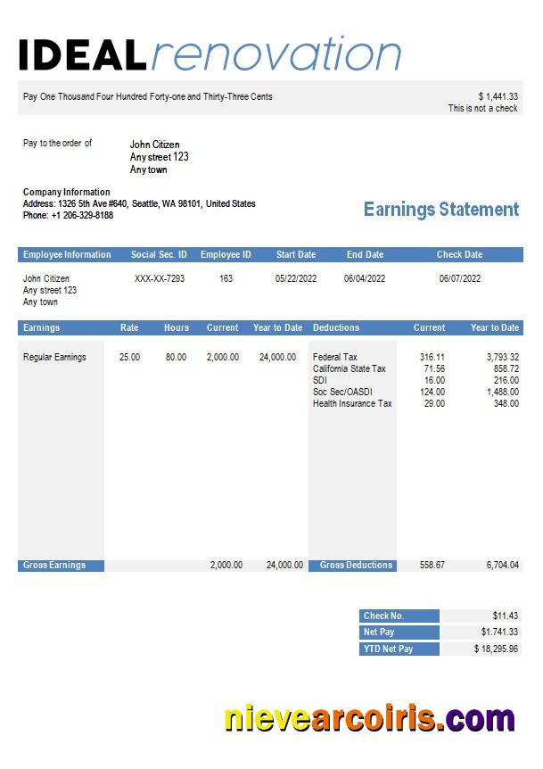 Editable Home Renovation Company Paystub Template In Word And PDF Formats