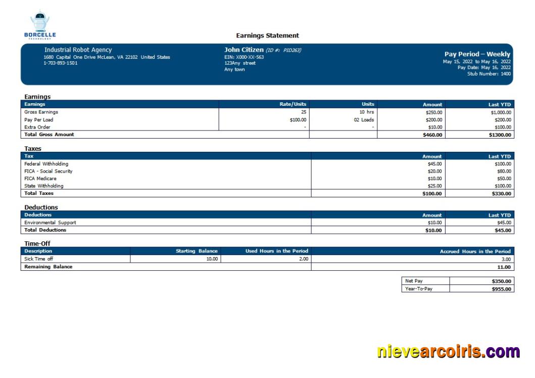 Industrial Robot Company Payslip In Word And PDF Formats Template