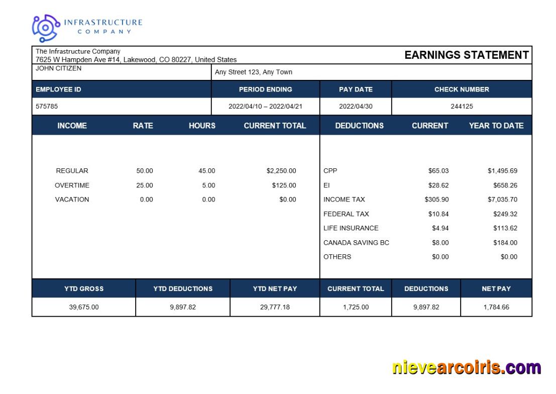 Realistic Infrastructure Company Payslip Template In Word And PDF Formats