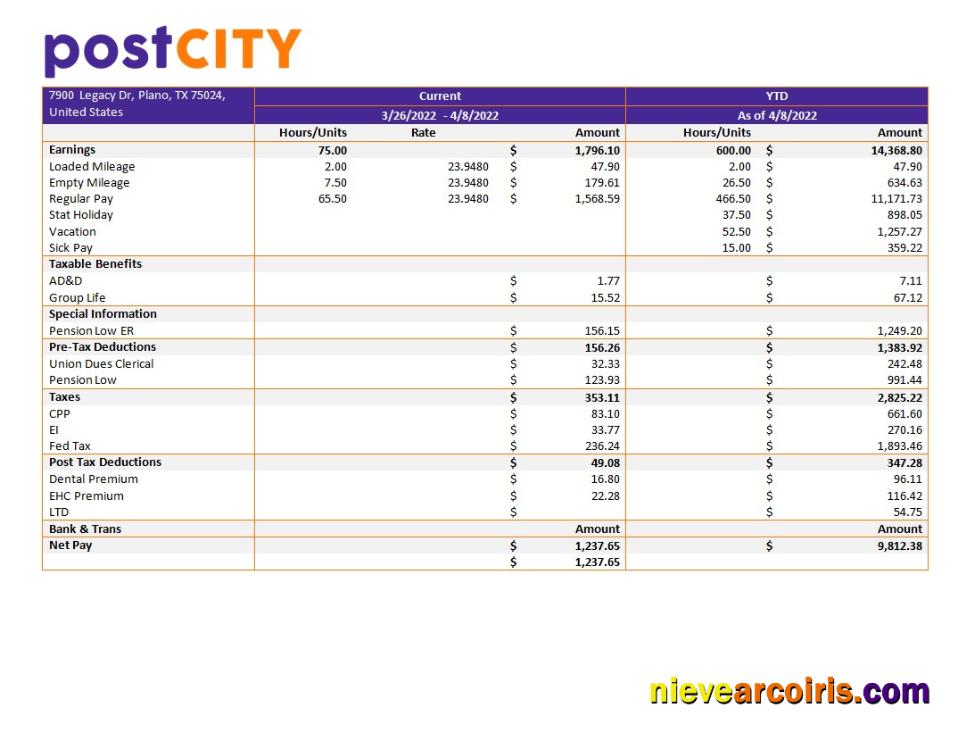 Realistic Post City Company Earning Statement Template In Word And PDf Formats
