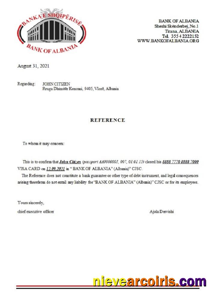 Albania Bank Of Albania Closure Reference Sample