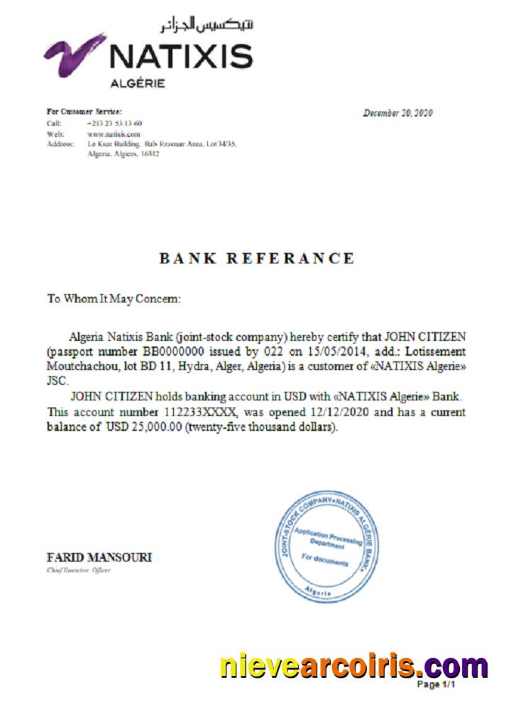 Algeria Natixis Algerie Bank Reference Sample