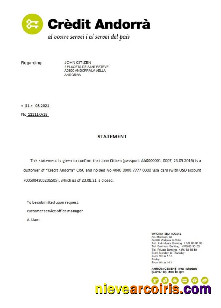 Andorra Credit Andorra Bank Closure Reference Template