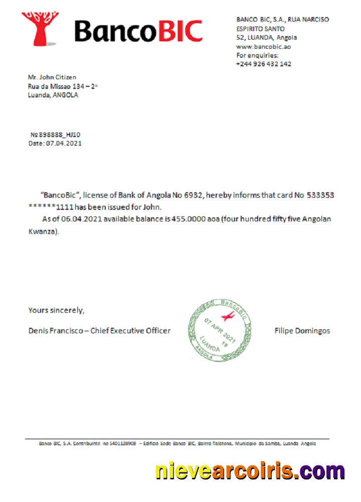 Angola Bancobic Reference Sample